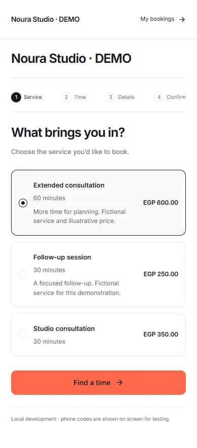 Public service selection at 390px with illustrative EGP prices. Fictional local demo data.