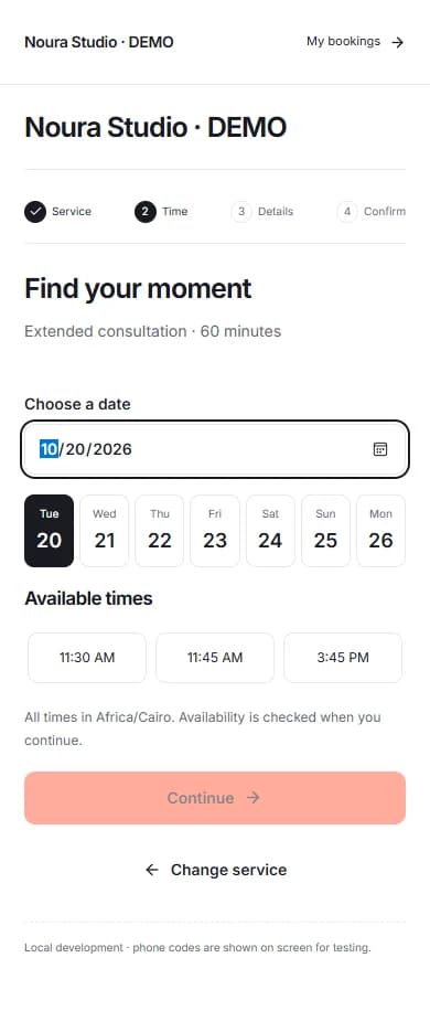 Available starts are returned by the server and displayed in Africa/Cairo. Fictional local demo data.