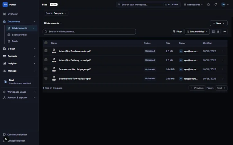 Four synthetic documents; historical screenshot, not a scale result. 16–17 October 2026 review. Retained demo / QA capture.