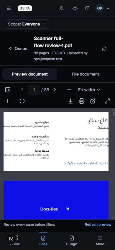 Mobile review of the same synthetic document; English UI with Arabic PDF content. 16–17 October 2026 review. Retained demo / QA capture.