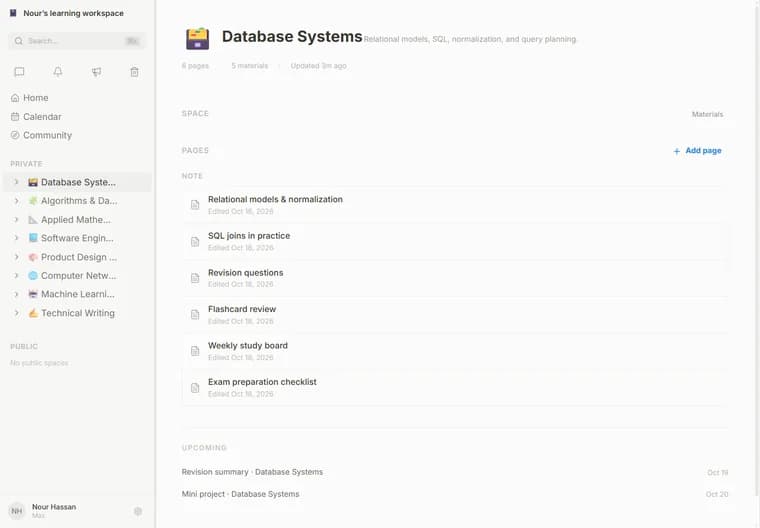 Database Systems space with notes and assignments. Actual local capture with fictional study data.