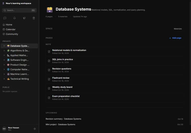 Database Systems space with notes and assignments. Actual local capture with fictional study data.