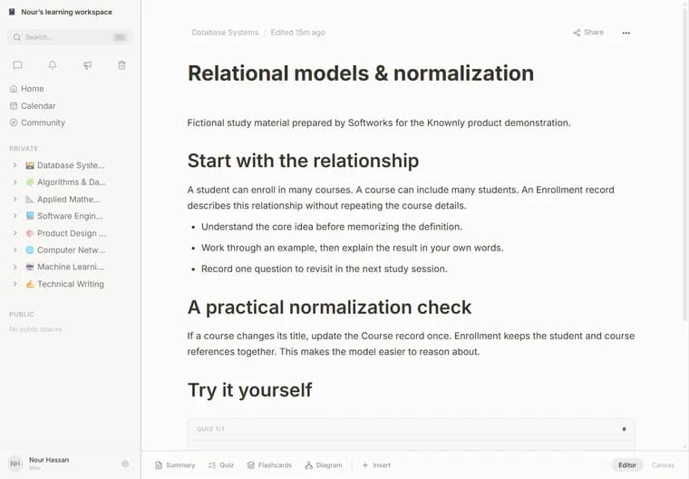 Structured study note with an embedded quiz. Actual local capture with fictional study data.