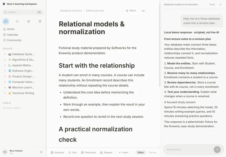 Note beside a clearly labeled scripted AI response. Actual local capture with fictional study data. AI response is scripted, not a live model result.