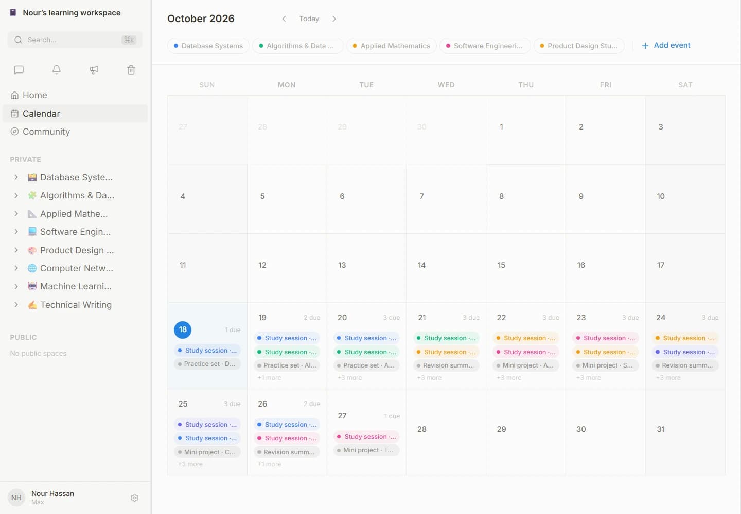 Knownly calendar with fictional study sessions and assignments across several subjects.