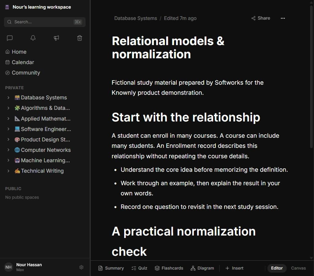 Actual dark tablet capture of Knownly’s note interface