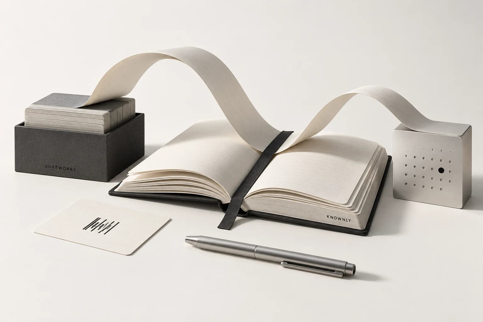Original Knownly and Softworks concept sculpture: a continuous paper ribbon connects a notebook, study cards and a calendar.