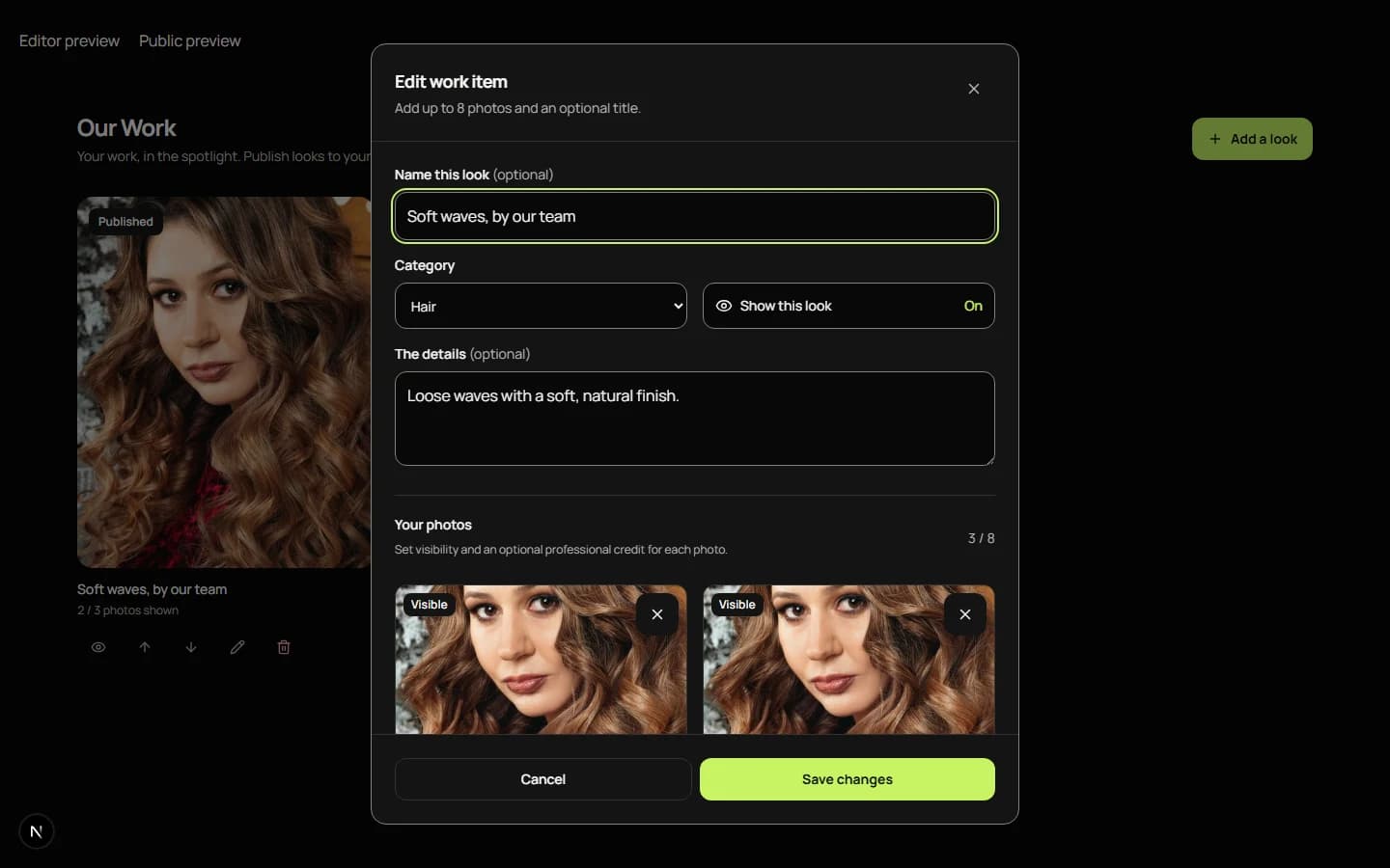 Portfolio editing with individual photo controls