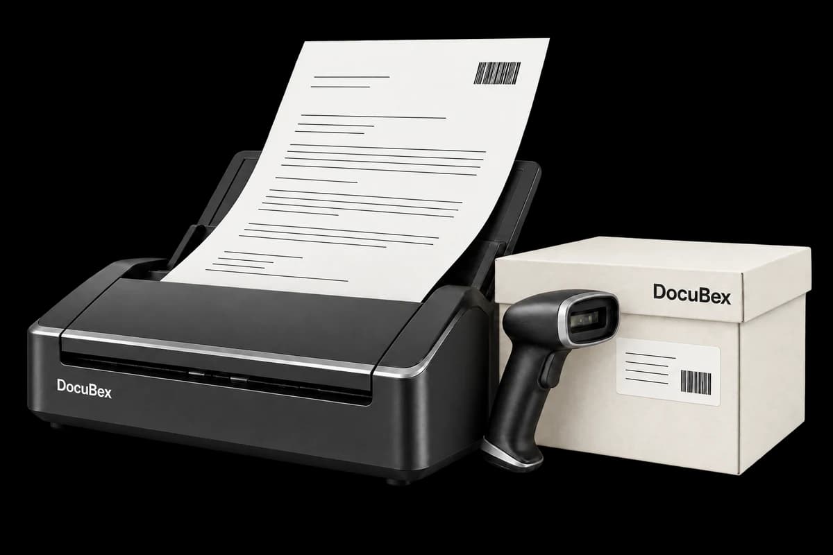 DocuBex-branded concept scanner, reader and archive box