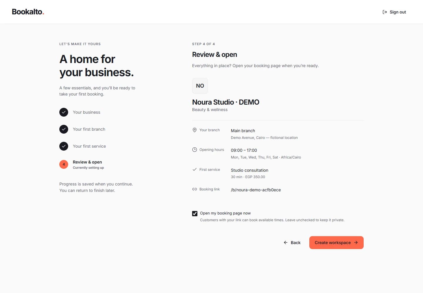 Bookalto onboarding review for a fictional Cairo studio