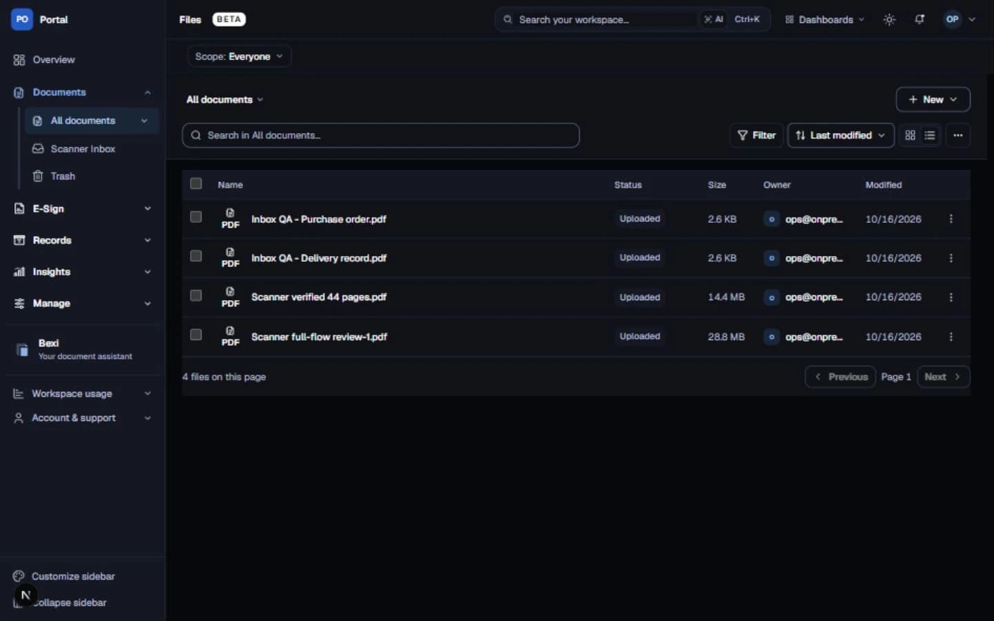 DocuBex document library in dark mode