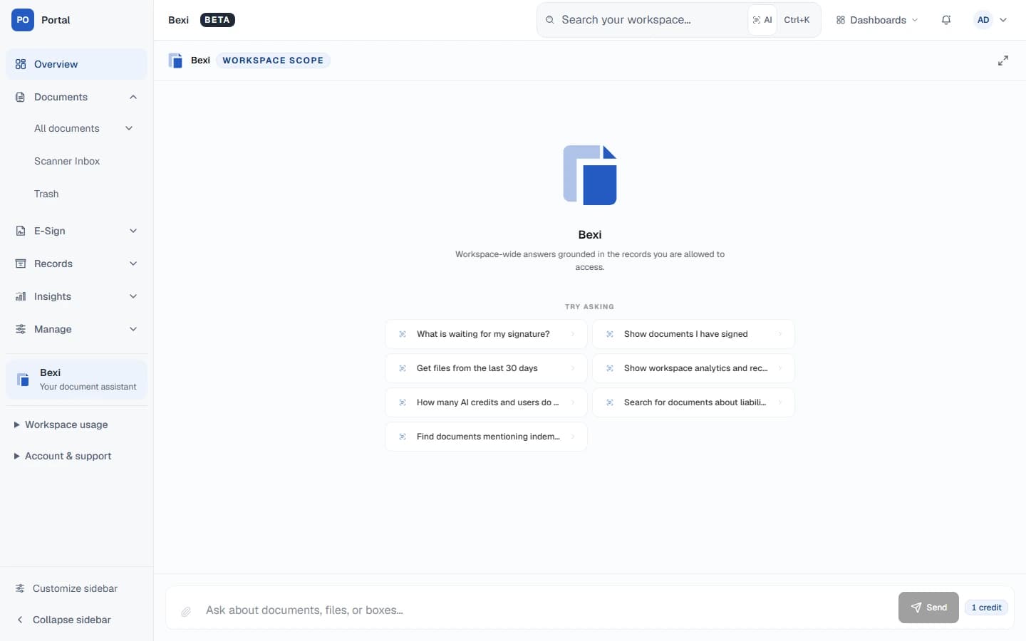 Bexi start screen with document and workspace question suggestions