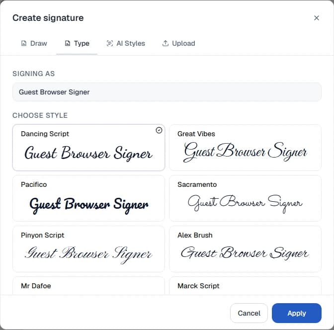 A typed signature dialog with selectable signature styles