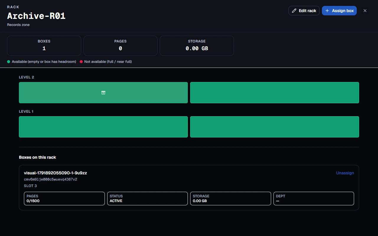 A DocuBex archive rack with levels, slots and a synthetic assigned box