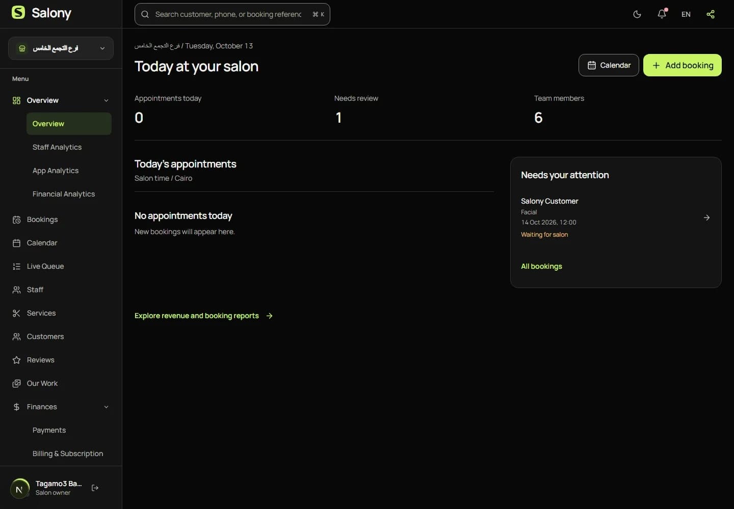 Actual Salony operations overview with demonstration data