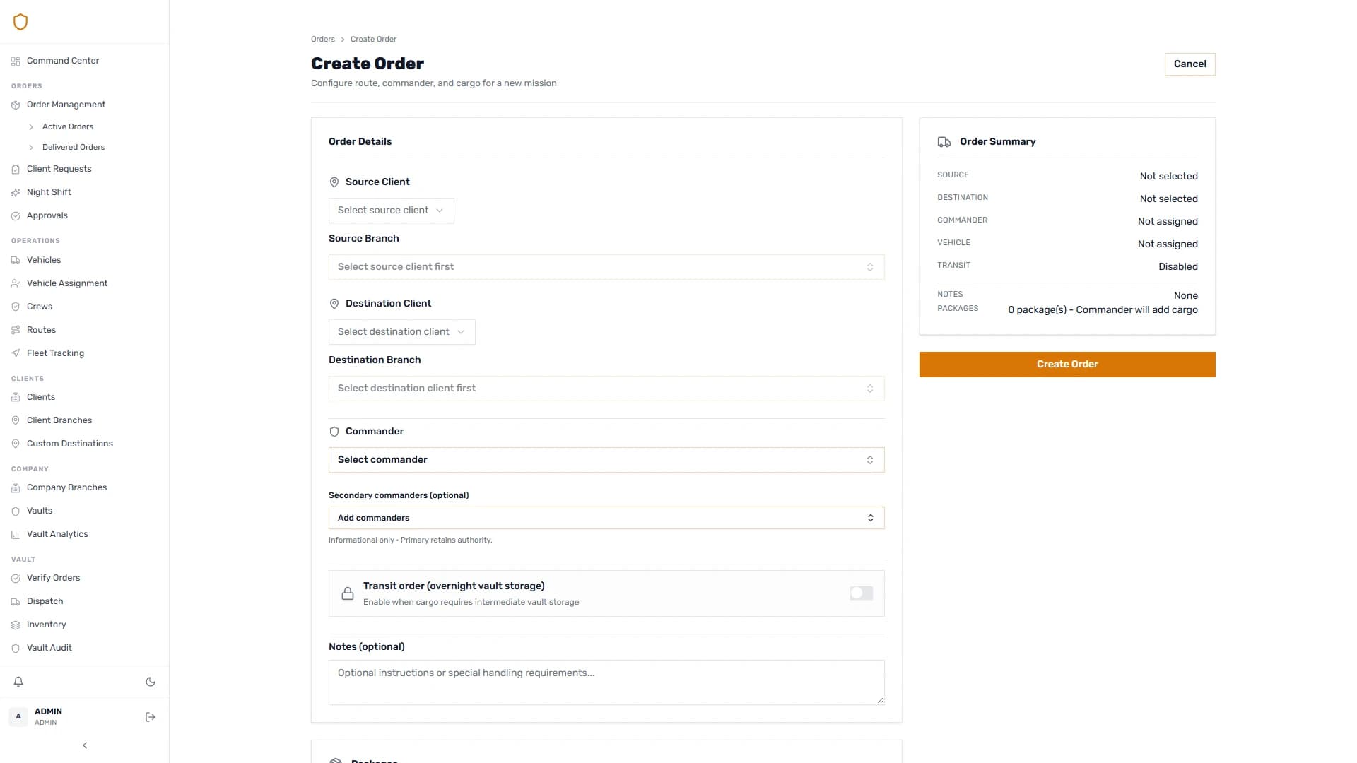A structured order starts with its route and requirements.