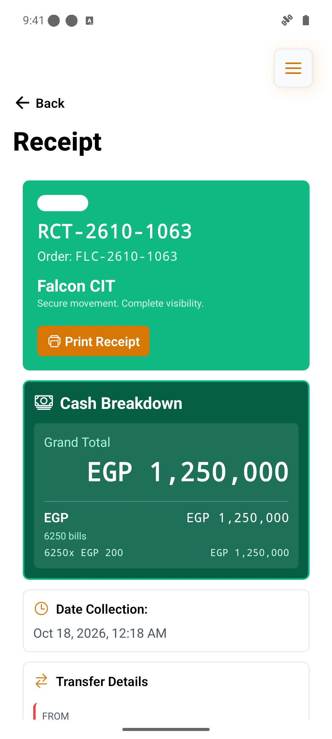 Collection receipt preview. Physical printing requires POS hardware.