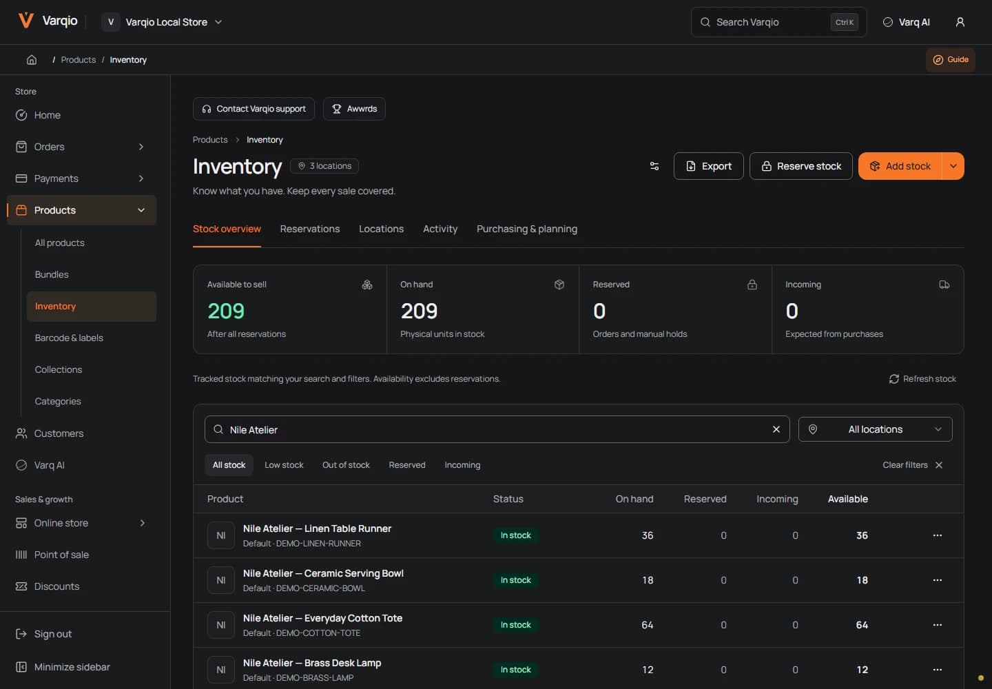 Varqio inventory desktop showing on-hand, reserved and available stock with fictional demo data