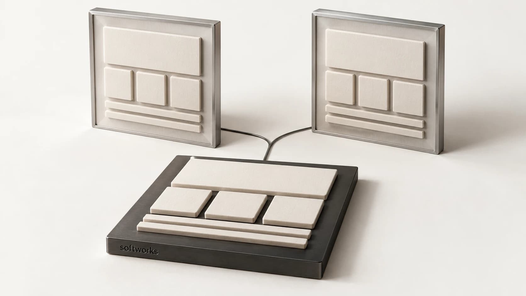Concept illustration: one modular design document feeds two matching storefront frames