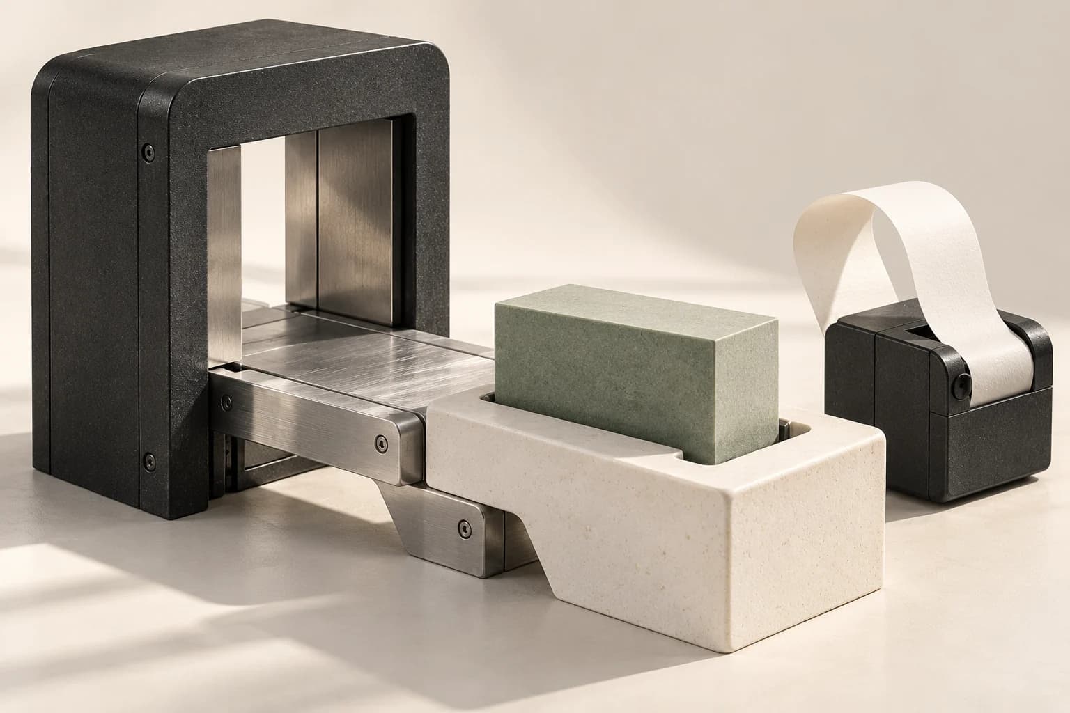A scanning gate, a secured sage transaction block and a separate receipt mechanism in an industrial sculpture.