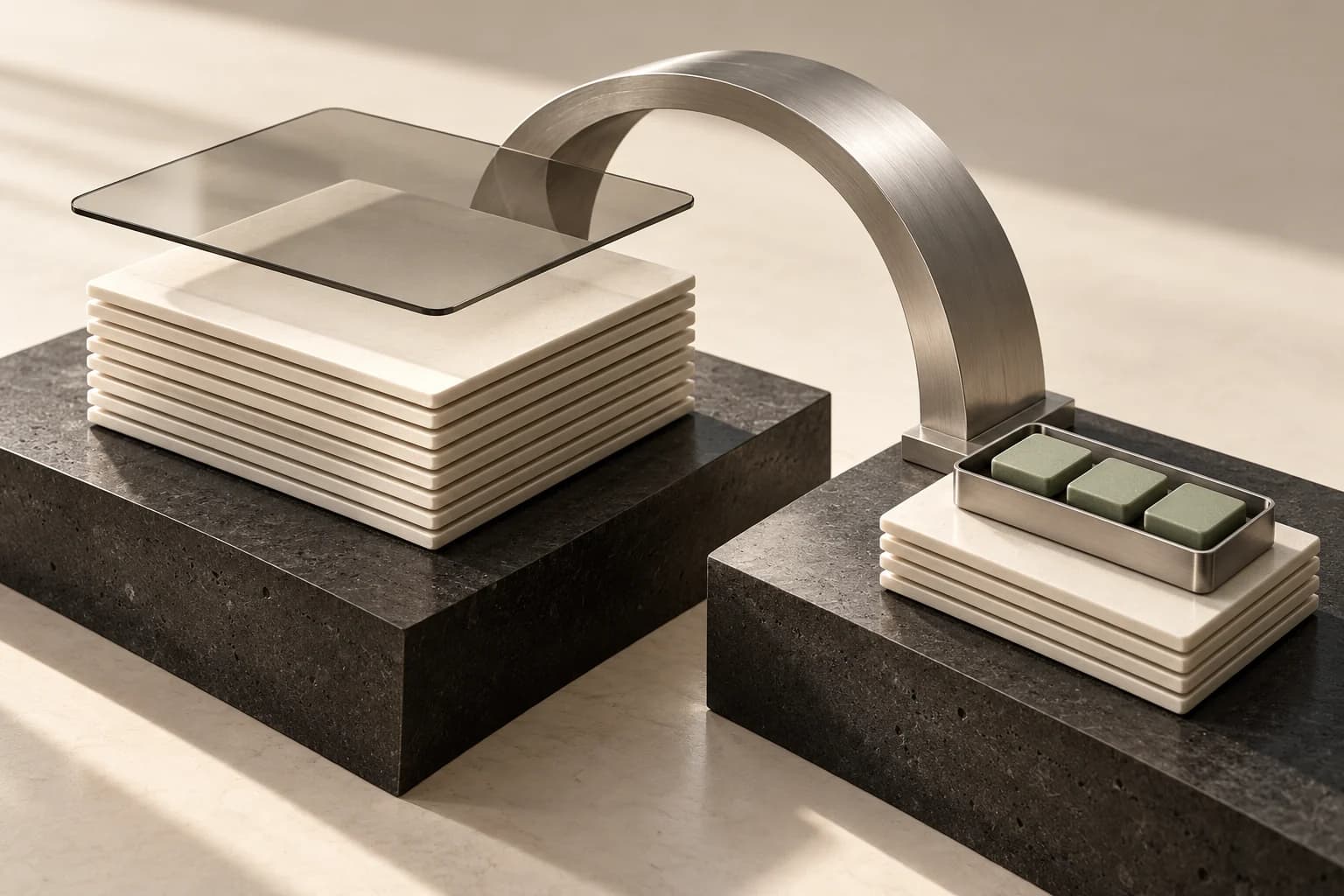 Two disconnected ledger stacks with a metal bridge, command tiles and a glass overlay.