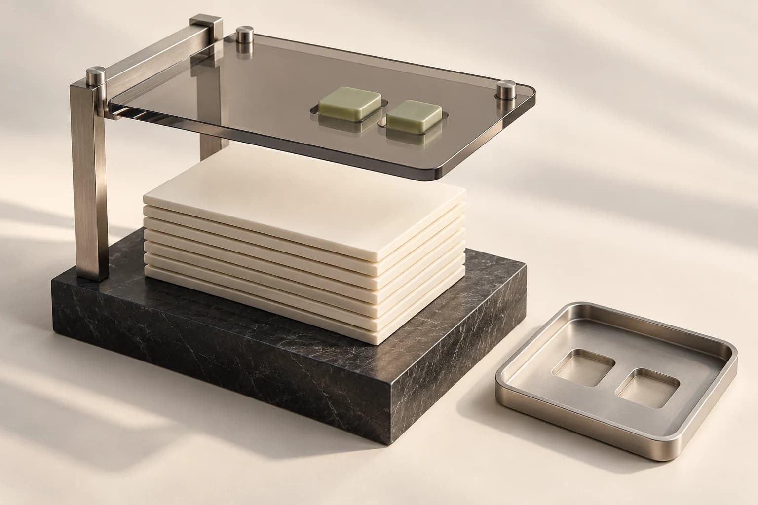 A transparent plate with two sage command pieces lifted above a settled ledger stack.