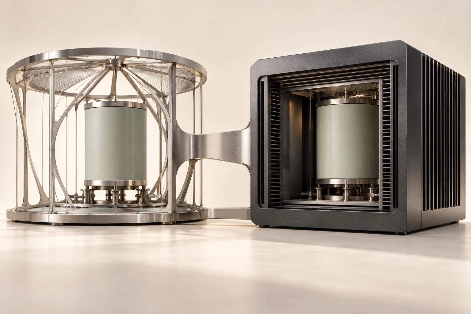 Identical sage application cores inside an open silver pavilion and an enclosed graphite housing.