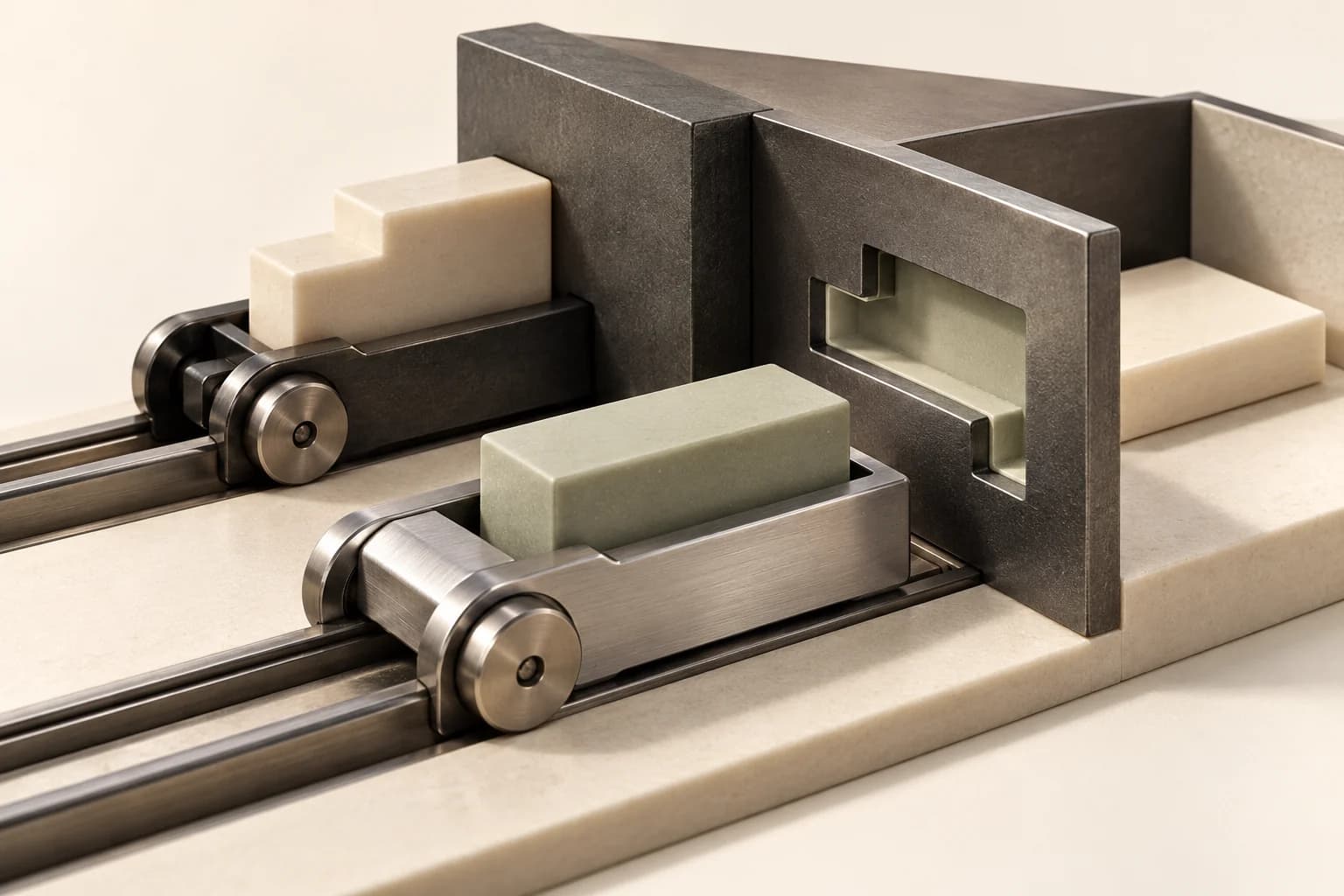 Two carriers with differently shaped authority tokens approach one acceptance gate and a single result plate.