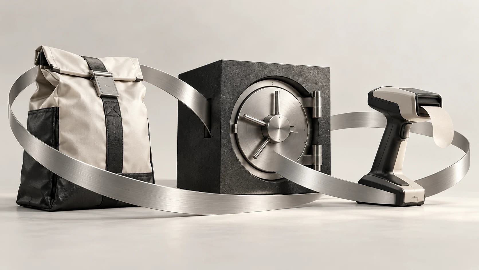 Sculptural concept of a continuous silver route connecting a sealed bag, a vault and a field device