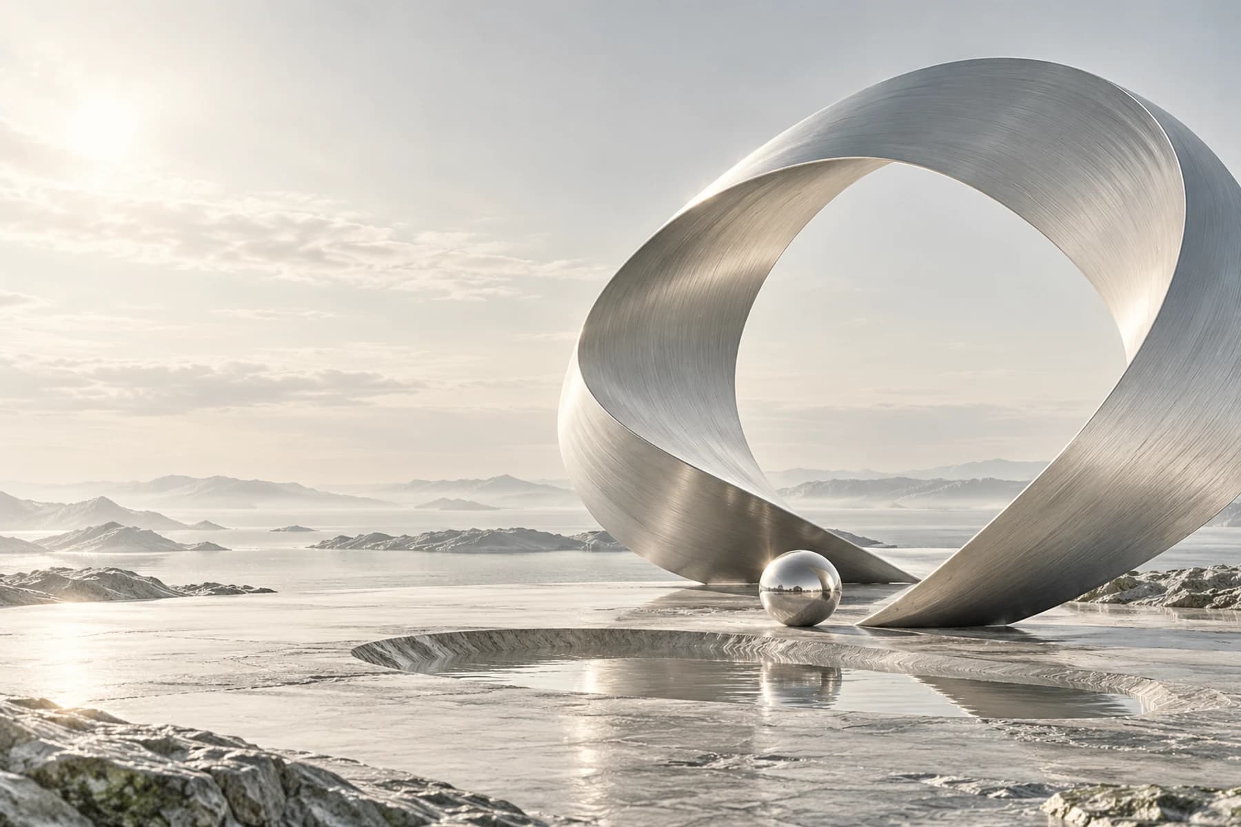 A sculptural silver ribbon opening onto a wide, sunlit landscape.